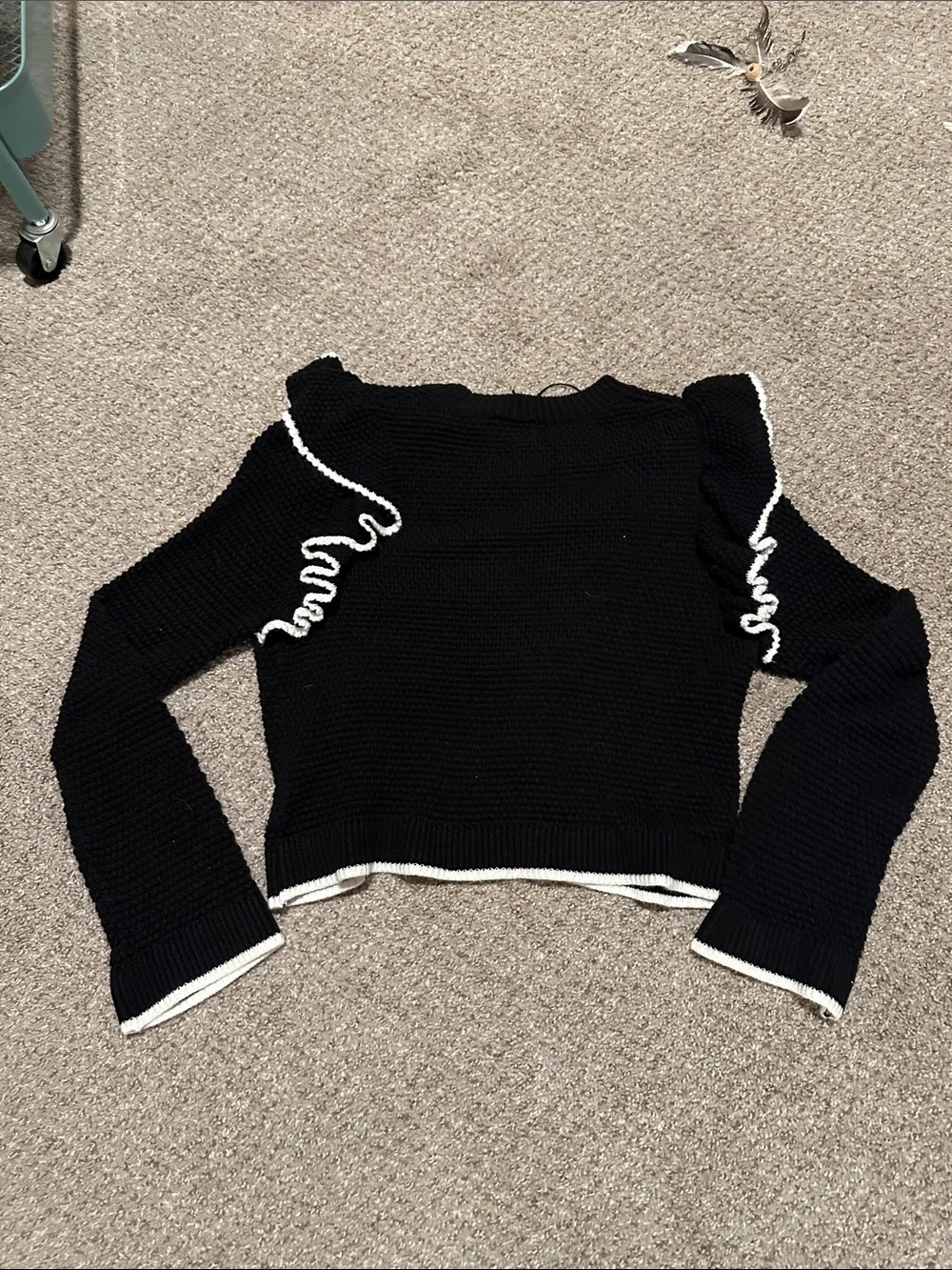 H&M Black Knit Sweater with White Ruffle Trim